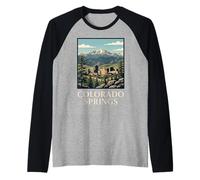 Colorado Springs Montaña Horizonte Retro Picos Bosque Ciudad Camiseta Manga Raglan