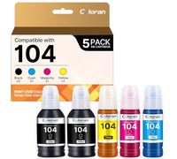 Coloran 104 Tinta Compatible con Cartuchos Epson 104 Ecotank Multipack para ET-2710 ET-2721 ET-2711 ET-2810 ET-2714 ET-2720 ET-2870 ET-2875 ET-2820 (Negro, Cian, Magenta y Amarillo, 5 Paquetes)