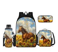 Coloranimal Juego de mochila escolar con mini fiambrera, estuche para lápices, funda para botella de agua, juego de mochila 4 en 1, Caballo girasol, Juego de mochila escolar