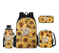 Coloranimal Juego de mochila escolar con mini fiambrera, estuche para lápices, funda para botella de agua, juego de mochila 4 en 1, Gato de girasol, Juego de mochila escolar