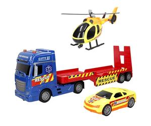 ColorBaby 39051 Speed & Go Camión Porta vehículos Juguete, Incluye Coche y helicóptero, con Luces y Sonidos, Rampa Manual, Sistema de fricción, Escala 1:12, Coches para niños a Partir de 3 años