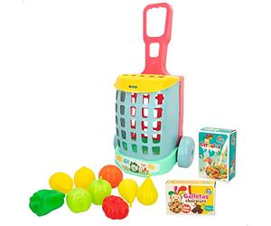 ColorBaby 43999 - Carrito de la compra de juguete con 11 piezas de comidita para jugar/Carro para IR al supermercado, juguetes para niños y niñas/Regalos para niños, accesorios de cocina
