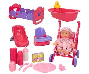 COLORBABY 49583 - Muñeca bebé para niñas con accesorios y ropita / Muñeca pequeña, Bebé tamaño 20cm / Incluye carrito, bañera. trona, cuna, accesorios para comer / Juguetes para niñas