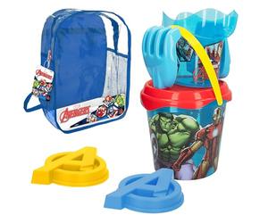 ColorBaby 77380 - Marvel Avengers Set de Playa Infantil, Conjunto de Cubo de Playa con Pala, rastrillo, regadera y Accesorios, Mochila de Playa Marvel para niños, Set Juguete Infantil Los Vengadores