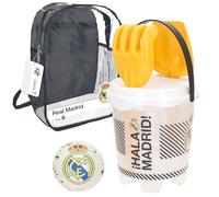 ColorBaby 77599 Real Madrid Mochila Cubo Castillo, Ø18 cm, set con balón Ø13 cm, pala y rastrillo, diseño oficial del club, juguete de playa y arena para niños
