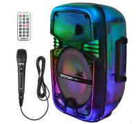 Bontempi - Altavoz karaoke con micrófono, 50W de potencia, luces RGB, conexión inalámbrica, USB, microSD, radio, función estéreo, batería recargable, formato portátil Ø12x18 cm, ideal para fiestas y