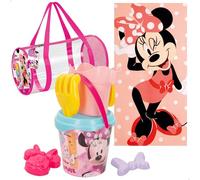 ColorBaby Minnie Set de Playa Infantil, Toalla Minnie, Cubo de Playa con Pala y rastrillo, Moldes de Arena, Juguetes de Playa, A Partir de 18 Meses (77888)