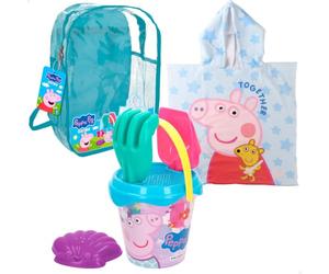 ColorBaby Peppa Pig Set de Playa Infantil, Cubo de Playa con Pala y rastrillo, Poncho Infantil Peppa Pig, Juguete de Playa, A Partir de 18 Meses (77890)