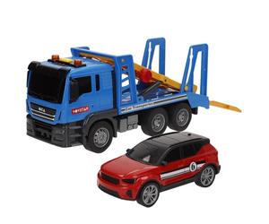 ColorBaby Speed & Go Camión portavehículos Juguete, con Luces y Sonidos, Rampa Manual, Fricción, Interactivo, Sistema de fricción, Escala 1:14, Coches para niños a Partir de 3 años (39062)