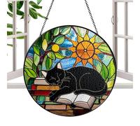 Colorful Acrylic Suncatcher - Tree Decorations Hanging Ornaments | Cat Suncatcher | 2D Acrylic Wall Hangable Ornament | 7.8 Inch Cat and Book Design Window Ornaments | For Women Librarian Home Wall