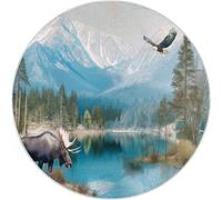 Colorful Alfombra Redonda con patrón Retro Montañas Animales Ciervos Águila. Lavable, Alfombras para Sala de Estar de Pelo Corto, 90 cm para Pasillo Cama Comedor alfombras de Suelo Que no se