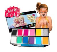 Colorful Art Co Pintura facial infantil - 12 colores de pinturas cara + purpurina dorada + 4 esponjas + 2 pinceles + 30 plantillas - Set pintura facial al agua y lavable - No tóxico - Conforme la FDA