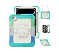 (Colorful Baby Blue, Multicolor) For iPad Pro 11 (2024) Case Rotating Kickstand PC+Silicone Tablet Cover with Shoulder Strap PET Film