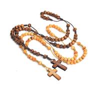 COLORFUL BLING Collar de rosario de cuentas de madera natural, crucifijo, colgante católico, oración católica, Jesús santo, para hombres y mujeres, joyería religiosa hecha a mano, Madera, Madera