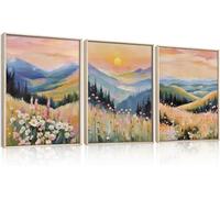 Colorful Boho Wildflower Mountain Landscape Canvas Wall Art Rustic Sunrise Flower Woodland Wall Decor for Living Room(70x90cm x 3/Inner frame)