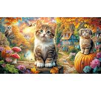 Colorful-Cat-and-Bird-in-Floral-Garden 1000 Piezas Puzzle Reciclado Decoración Mural Hermosa para Adultos Juego Educativo Relajación 70x50/1000pcs