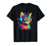 Colorful Cat Portrait Art Headphones Music Lover Graphic Camiseta gráfica económica