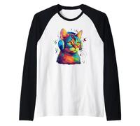 Colorful Cat Portrait Art Headphones Music Lover Graphic Camiseta Manga Raglan
