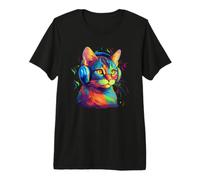 Colorful Cat Portrait Art Headphones Music Lover Graphic Camiseta Premium