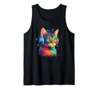 Colorful Cat Portrait Art Headphones Music Lover Graphic Camiseta sin Mangas