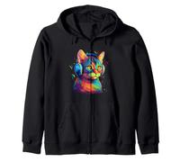 Colorful Cat Portrait Art Headphones Music Lover Graphic Sudadera con Capucha