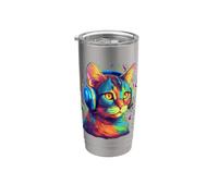 Colorful Cat portrait Art Headphones Music Lover Graphic Vaso térmico de acero inoxidable de doble pared