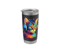 Colorful Cat portrait Art Headphones Music Lover Graphic Vaso térmico de acero inoxidable de doble pared