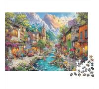 Colorful Chinese Street with Snail Decorations Paperboard Colorful Town with River and Mountains Classic Jigsaw Puzzle Brain Training Gift for Adults 38x26cm/1000pcs