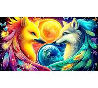 Colorful-Fox-and-Lobo-with-Earth-Moon Rompecabezas de 1000 Piezas para Adultos - Cartón Reciclado para Decoración 75x50cm/1000pcs