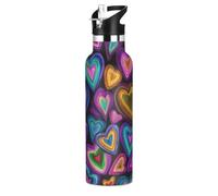 Colorful Hearts - Botella de agua deportiva a prueba de fugas y sin BPA, 20 onzas con popotes a prueba de fugas, mantiene el calor y el frío, para deportes, gimnasio, al aire libre, viajes, escuela
