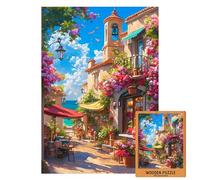 Colorful Italian Coast Puzzle | Romantic Wooden Jigsaw of Mediterranean Village by The Sea | Floral Summer Art Puzzle | Coastal Gift (M-100PIECES)