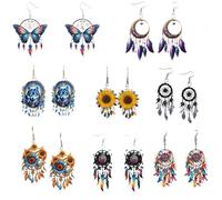 Colorful Long Dangle Earrings, Vintage Feather Earrings With Dream Catcher Design, Handmade Lightweight Dangle Accessory (Color I, 3.5 * 2.5 * 0.3cm/1.4 * 1 * 0.1in)