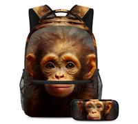 Colorful Monkey Adventure-Ready Essentials, juego de 2 mochilas escolares para niños con mochila de gran capacidad y estuche para lápices para niños, niñas y adolescentes, Multicolor#01,