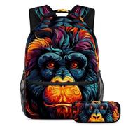 Colorful Monkey Adventure-Ready Essentials, juego de 2 mochilas escolares para niños con mochila de gran capacidad y estuche para lápices para niños, niñas y adolescentes, Multicolor#05,