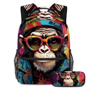 Colorful Monkey Adventure-Ready Essentials, juego de 2 mochilas escolares para niños con mochila de gran capacidad y estuche para lápices para niños, niñas y adolescentes, Multicolor#04,