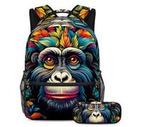 Colorful Monkey - Juego de 2 mochilas escolares para niños con estuche para lápices, mochila de gran capacidad para niños, niñas y adolescentes, Multicolor#07, B:29.4x20x40cm P:19x7.5x3.8cm, Mochilas