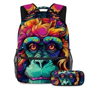 Colorful Monkey - Juego de 2 mochilas escolares para niños con estuche para lápices, mochila de gran capacidad para niños, niñas y adolescentes, Multicolor#06, B:29.4x20x40cm P:19x7.5x3.8cm, Mochilas