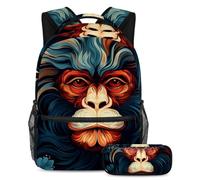 Colorful Monkey - Juego de 2 mochilas escolares para niños con estuche para lápices, mochila de gran capacidad para niños, niñas y adolescentes, Multicolor#05, B:29.4x20x40cm P:19x7.5x3.8cm, Mochilas