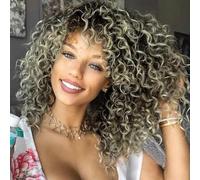 Colorful panda - Peluca afro rizada profunda para mujer de longitud media, cabello natural sintético, peluca rizada afro para disfraz o uso diario (castaño ceniza rubio)