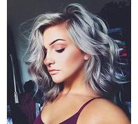 colorful panda Peluca Gris plateado Corto Ondulada Bob Pelucas para Mujer, Color Natural Longitud del Hombro Rizado Pelo Sintéticas para Cosplay Disfraz Grey Wig 14" (color: Gris)