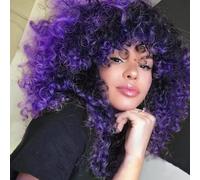 Colorful panda Pelucas Afro Rizadas Profundas para Mujeres Longitud Media Cabello Sintético Natural Peluca Rizada Afro Kinky para Disfraz o Uso Diario (Negro Mezclado con Morado)