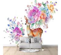 Colorful Papel pintado mural, Acuarela Flores Animales Ciervos Mural decorativo de pared con impresión artística no tejida, para sala de estar cocina comedor dormitorio 300 x 210 cm