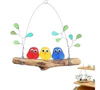Colorful Sea Glass Bird Perch, Sea Glass Birds on Branch Driftwood Hanging Decor, Sea Glass Bird Wall Art, Rainbow Driftwood Decor for Coastal Home Window Gift (3 Birds)