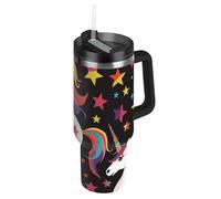 Colorful Star Unicorns - Botella de agua aislada al vacío de boca ancha con popote con pajilla, resistente a fugas, juego de taza de café decorativa para escuela, deportes, guardería, campamento y más
