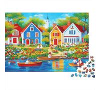 Colorful Village Scene 100% Recycled Cardboard River Town Houses Art 1000Pc Jigsaw for Adults Challenging & Brainteasing 52x38cm/1000pcs
