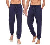 COLORFULLEAF Pantalones de pijama para hombre, largos, de algodón, con puños, pantalones de dormir, pantalones ligeros para el tiempo libre, paquete de 1/2 unidades, Azul Marino*2, L