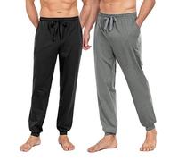 COLORFULLEAF Pantalones de pijama para hombre, largos, de algodón, con puños, pantalones de dormir, pantalones ligeros para el tiempo libre, paquete de 1/2 unidades, negro*1+gris*1, L
