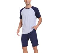 COLORFULLEAF Pijama corto de bambú para hombre, traje de casa de verano con cuello redondo de manga corta para hombre, A-bambú_azul marino, M Grande