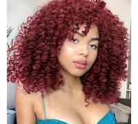 ColorfulPanda - Peluca afro sintética de pelo trenzado rizado para mujer, color rojo oscuro mezclado con flequillo, pelucas cortas africanas para mujeres negras (burdeos)