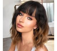 Colorfulpanda - Pelucas cortas estilo Bob para mujer, color marrón chocolate con raíz oscura, pelucas onduladas con flecos, longitud de hombro natural, resistente al calor, pelo sintético para uso